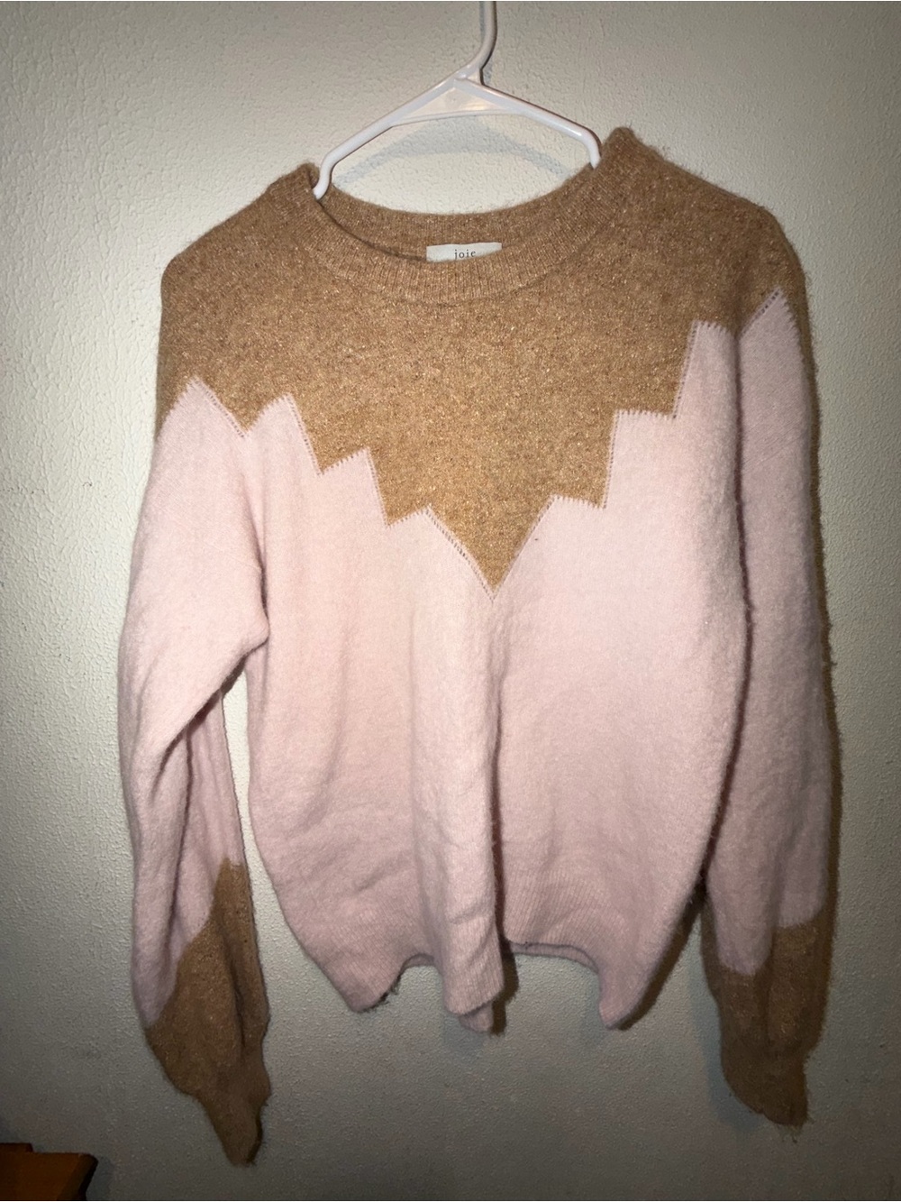 Joie Pink and Camel Zigzag Yoke Crewneck Sweater